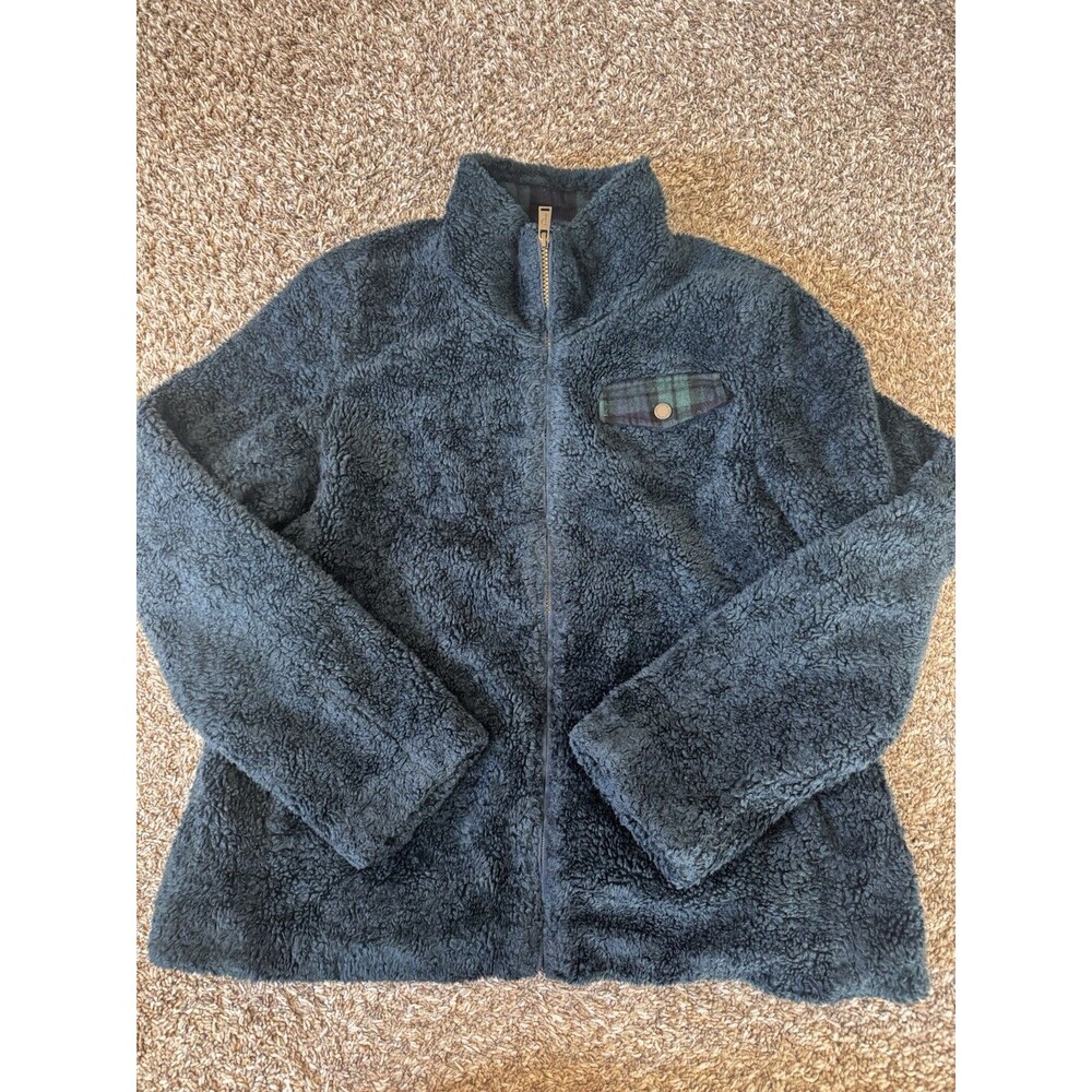 Pendleton Sherpa Fleece Jacket L Navy Black Watch Plaid Full Zip P1558 Wool